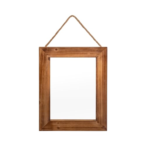 Wall Decorative Mirror 12 x 16 Inch Rust Farmhouse Rectangular Mirrors Wood Frame Mirror with Hanging Hemp Rope for Bedroom, Bathroom, Living Room, Entryway (Brown)