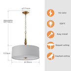 Shrine Lighting Drum Chandeliers, Farmhouse Style, Perfect Drum Pendant Light for Dining Room, D20'' x H8'', Adjustable Chains 59'', E26*3 Sockets, White Linen Fabric Lampshade & Gold Rod - color: Gold Rod&White Shade D20''