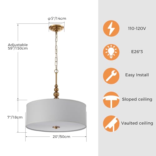 Shrine Lighting Drum Chandeliers, Farmhouse Style, Perfect Drum Pendant Light for Dining Room, D20'' x H8'', Adjustable Chains 59'', E26*3 Sockets, White Linen Fabric Lampshade & Gold Rod - color: Gold Rod&White Shade D20''