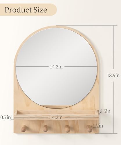 Maxpeuvon Nursery Mirror, Boho Circle Mirror Wall Mount Natural Wood Shelf Hanging Arch Modern Wall Decor for Nursery Living Room Entryway Hallway Bathroom, 14x18 Inch