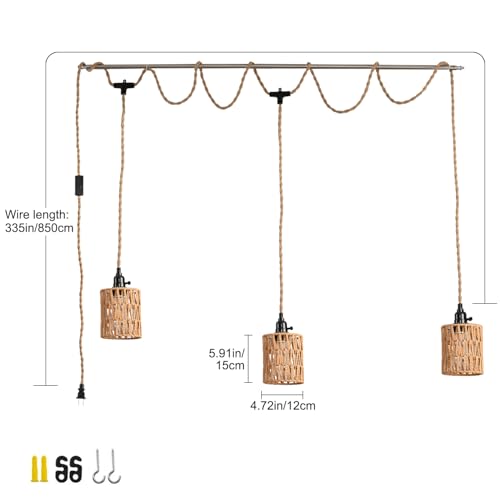 3-Light Hanging Light with Plug in Cord,Plug in Pendant Light 22ft Hemp Rope Pendant Lighting Vintage 3-Light Hanging Lamp Fixtures for Kitchen Island Living Room Bedroom - color: 3 Light Hemp Rope
