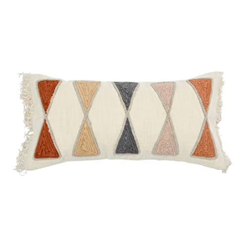 Bloomingville Embroidered Cotton Lumbar Pillow with Fringe, Terracotta Multicolor - color: Terracotta, Beige, Grey