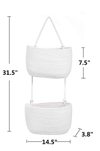Over The Door Hanging Basket, 2 Tier Cotton Rope Woven Baskets, Magazine Racks, Wall Mount Hanging Storage Baskets,Decorative Door Organizers for Living Room, Bathroom and Bedroom (White) - color: White
