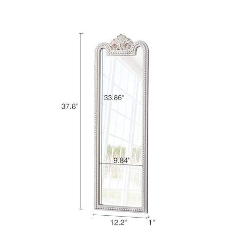 Vintage Long Wall Mirror Decorative 12 X 38 Inch, Hanging Distressed White Farmhouse Entryway Mirror with Beaded Detailing, Handmade Rectangle Wooden Boho Mirrors for Living Room Hallway