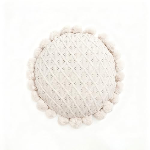 Byitre Bohemian Round Pillow 20 Inch | 100% Cotton Decorative Pillow Hand Tufted with Chunky Textured Poms | Boho Throw Pillow for Bed or Couch | Natural Beige Throw Pillow - color: Lattice Beige