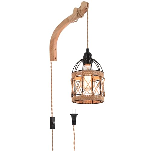 Plug in Wall Sconce,Farmhouse Wicker Wall Lamp Plug in,Hand Woven Rattan Wall Light Farmhouse Rustic Boho Sconces Wall Lighting for Living Room Bedroom - color: Birdcage, size: 1 PACK