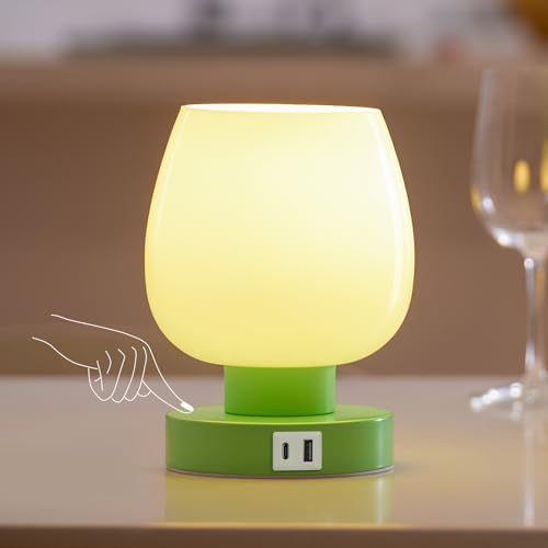 Touch Bedside Table Lamp with USB Charging - Modern Green Small Lamp for Bedroom Living Room Nightstand, Desk lamp with Glass Lamp Shade, Warm LED Bulb Included, 3 Way Dimmable, Simple Design - color: USB-green_1pack, size: USB