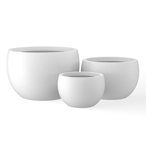 Kante 19.9",15.7",11.8" Dia Round Concrete Planter Set of 3, Outdoor/Indoor Large Bowl Plant Pots with Drainage Hole and Rubber Plug for Garden Patio Balcony Home, Pure White - color: Pure White, size: 19.9"D + 15.7"D + 11.8"D