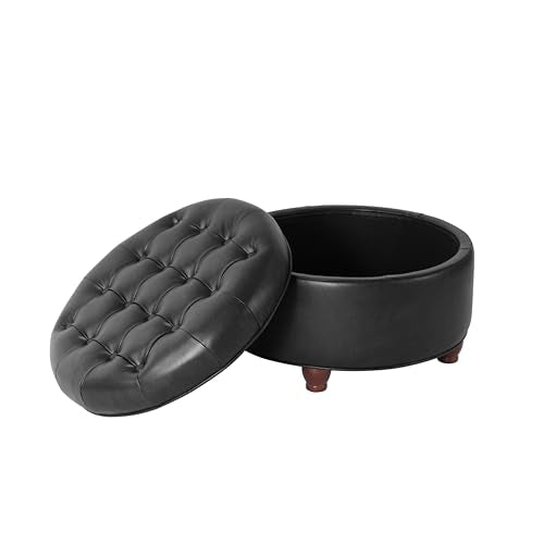 HomePop 25" Button Tufted Round Storage Ottoman - Black Faux Leather - color: Black Faux Leather