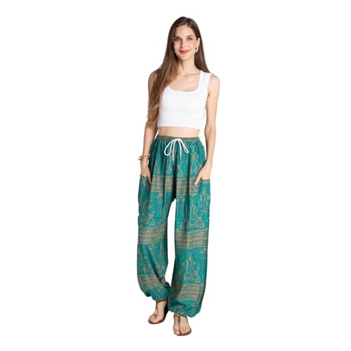 Tranquil Threads Women's Harem Pants with Pockets and Drawstring, Hippie Boho Yoga Clothes - color: Teal Reverie, size: Medium