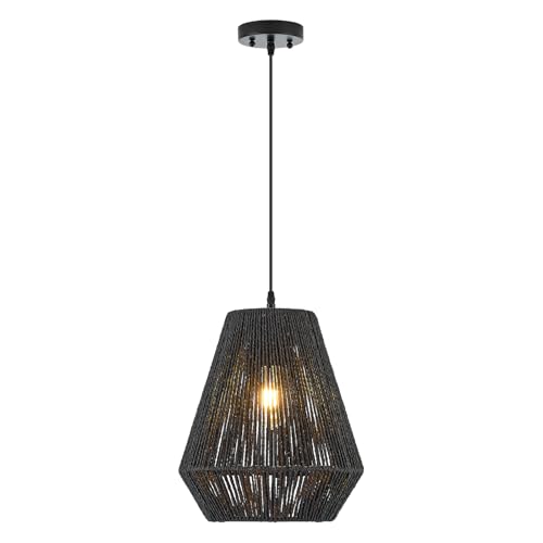 13” Boho Hand Woven Rattan Mini Chandelier Matte Black Classic Pendant Light for Kitchen Island Dining Room Hallway, UL Listed - color: Black