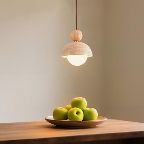 Wabi Sabi Pendant Light Set of 2, Natural Travertine Stone & Wood Hanging Lamp for Kitchen Island, Hallway, Living Room, Bedroom, Dining Room Ceiling Decor (G9 Bulb, 5.9 in Stone Round)