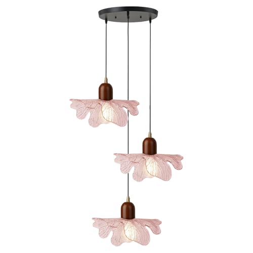3-Light Pink Flower Glass Pendant Light, Mid-Century Modern Chandelier, Adjustable Hanging Ceiling Light Fixture for Dining Room, Kitchen Island, Bedroom, Living Room, Restaurant, Cafe - color: Pink, 3 Light