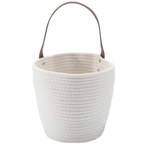 7.1 x 9.8 x 4.7 Inch Hanging Woven Basket Cotton Wall Basket with Handle White Rope Multifunction Macrame Closet Shelf Organizing Storage Wall Mounted Bin for Kitchen Room Fruit Plants Towels