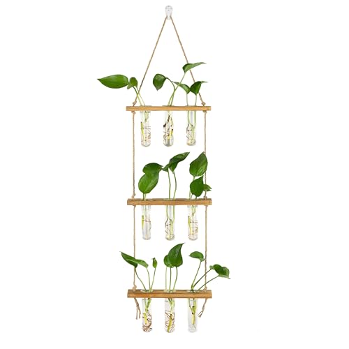 Hyindoor Wall Hanging Propagation Stations 3 Tired Wall Planter Terrarium with Wooden Stand and Glass Test Tubes Plant Hanger Flower Vase for Home Office Wall Decor Hydroponic Cuttings - size: Medium-9 Tubes
