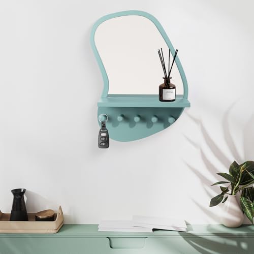 SANY DAYO HOME Wall Mount Wood Frame Irregular Mirror with 5 Wooden Hooks and Shelf, Modern Decorative Hanging Mirror for Entryway, Bedroom, Living Room (16″ x 12″, Turquoise) - color: Turquoise