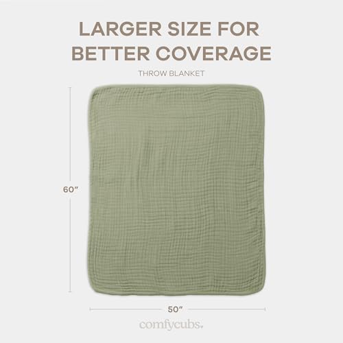 Comfy Cubs Muslin Throw Blanket - 50” x 60” Quilted Design - Lightweight, Breathable 6-Layer Gauze Fabric - Soft Cotton Blanket for Home or Travel - Packaged in Elegant Gift Box - Sage - color: Sage, size: Throw - 50" X 60"