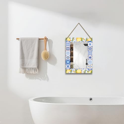 Rectangle Mirror for Wall, 12"x16" Decorative Wall Mirror, Lemon Blue Mosaic Mirrors, Wall Mirrors Decor with Hanging Rope for Living Room, Entryway, Bedroom, Dining, Kitchen - color: Lemon Blue