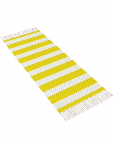Yellow Stripes Kitchen Runner Rug 2'x4', Washable Woven Cotton Area Rug with Tassels Bathroom Hallway Rug, Farmhouse White Simple Vertical Striped Entryway Bedroom Rug Non Slip Throw Rug Carpet - color: Yellow, size: 2 x 4 ft
