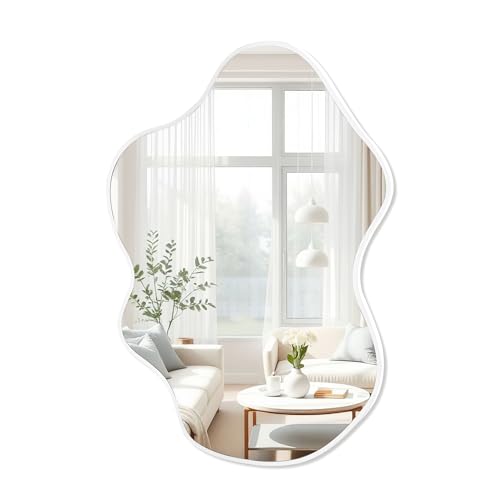 Tanmicoshomy White Irregular Wall Mirror 24x36 Inch, Cloud Shaped Frame Asymmetrical Wavy Mirror with Tempered Glass for Bathroom Bedroom Living Room or Entryway - color: White, size: 36"L x 24"W