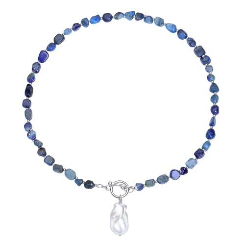 Beaded Necklaces for Women with Baroque Pearl, Turquoise Amethyst Lapis lazuli Tiger Eye Handmade Boho Bead Choker Necklace, Natural Stone Summer Jewelry Birthday Mother Gift for Women - color: Lapis lazuli