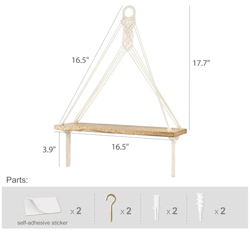 Mkono Artificial Ivy Macrame Hanging Shelves with Lights Set of 2 Boho Wall Decor Display Plants Photos Wood Floating Storage Shelf for Bedroom Bathroom Living Room Nursery Dorm Kitchen, White