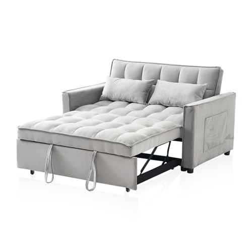 3-in-1 Loveseat Sleeper Sofa, Modern 55.5" Pull Out Couch, Velvet Upholstered Futon Sofa Bed with Adjustable Backrest, Convertible Sofa Bed with Storage Pockets for Living Room(Light Grey) - color: Grey