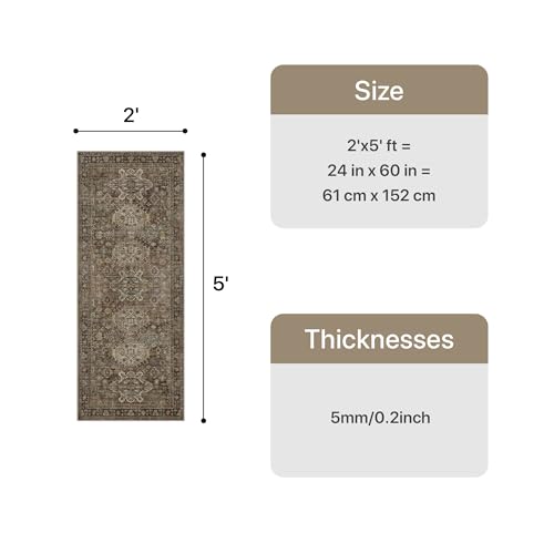 Bavni 2x5 Runner Rug, Non Slip Washable Runner Rug, Vintage Brown Hallway Rug Runner, Ultra Thin Low Pile Carpet Runner for Kitchen Bathroom Entryway Bedroom, Brown - color: Brown, size: 2' x 5' (Rectangular)