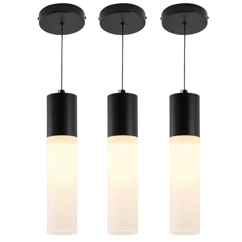 Pendant Lights Kitchen Island 3 Pack 12W Led Pendant Light with Milky White Lampshade, 1-Light Dining Light Fixture Ceiling Light Hanging in Black Finish, E12 LED Bulbs Included, 3000K-6000K - color: Black, size: 1-Light 3-Pack