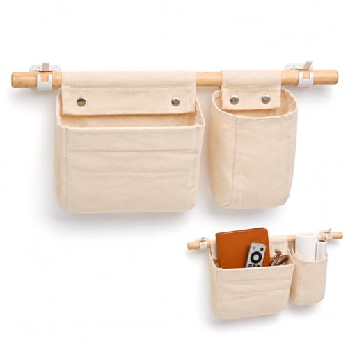No Drill Canvas Wall Organizer with Mounting Clips, Hanging Pocket Organizer with Wooden Rod, Fabric Wall Storage for Bedroom, Bathroom, Entryway (Medium & Small Set) - size: Medium & Small Set