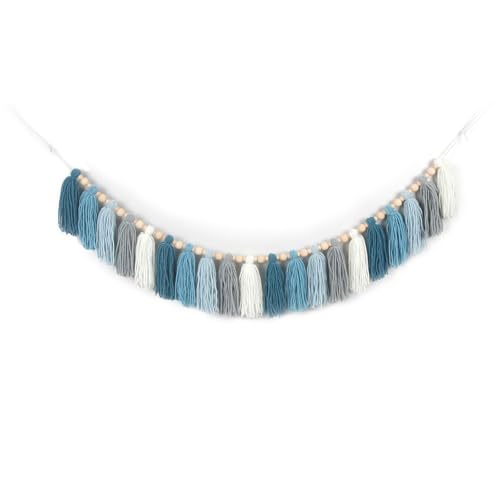 GIAUMA Dusty Blue Yarn Tassel Garland with Wood Beads Boho Bunting Banner Wall Hanging Tassels for Classroom Nursery Room Kids Bedroom Baby Shower Birthday Party Dorm Office Wedding Decor - color: Light Blue