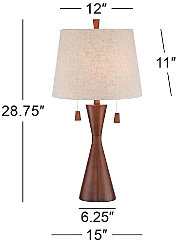 360 Lighting Omar Mid Century Modern Chic Style Table Lamps 28.75" Tall Set of 2 Warm Brown Wood Oatmeal Tapered Drum Shade Decor for Living Room Bedroom House Bedside Nightstand Home - color: Two Set