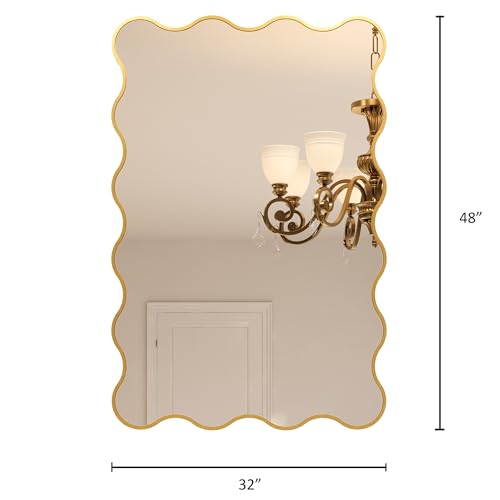 Kelly Miller 32x48 Inch Gold Scalloped Mirror, Large Rectangular Wavy Edge Bathroom Vanity Wall Mirror Decorative for Bedroom Living Room Entryway Fireplace Mantle - size: 48"L x 32"W