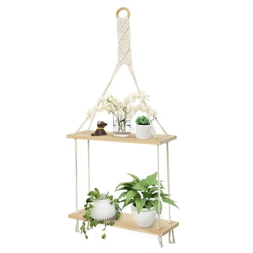 Afuly Macrame Wall Hanging Shelf Boho Floating Shelves Cotton Rope Rustic Home Decor 2 Tiers Plant Hanger Photo Display Tissue Towel Storage Organizer for Living Room Bedroom Bathroom Hallway, Beige