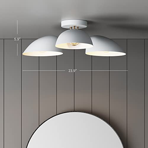Nathan James Argo Semi Mount Flush Ceiling Light, 3-Lights Modern Retro Lighting with White Rounded Shades for Hallway, Dining Room and Bedroom, Brass Gold/White - color: Brass Gold/White, size: 1