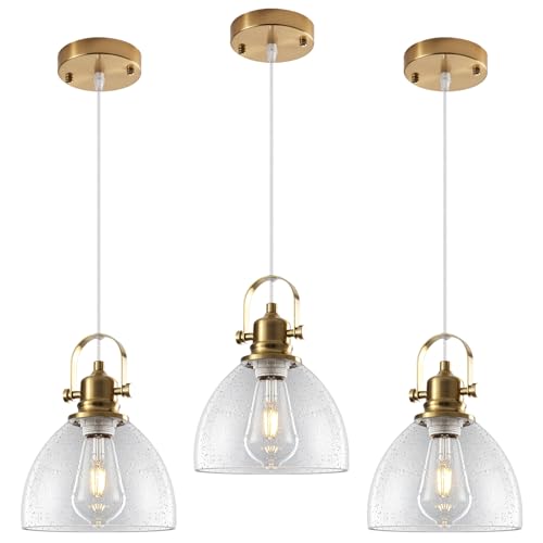 Glass Pendant Lights Kitchen Island 3 Pack, 7.5 Inch Gold Pendant Lights with Seeded Glass, Modern Hanging Vintage Pendant Light, Farmhouse Kitchen Pendant Lighting for Dining, Bar, Cafe - color: Seeded Glass-Gold+Cord, size: 3-Pack