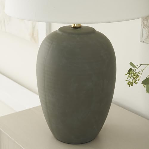 Nourison Home 23" Olive Green Ceramic Pot Table Lamp for Bedroom, Living Room, Dining Office, with White Tapered Drum Shade - color: Dark Green, size: 1 Lamp - Drum Shade