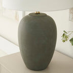 Nourison Home 23" Olive Green Ceramic Pot Table Lamp for Bedroom, Living Room, Dining Office, with White Tapered Drum Shade - color: Dark Green, size: 1 Lamp - Drum Shade
