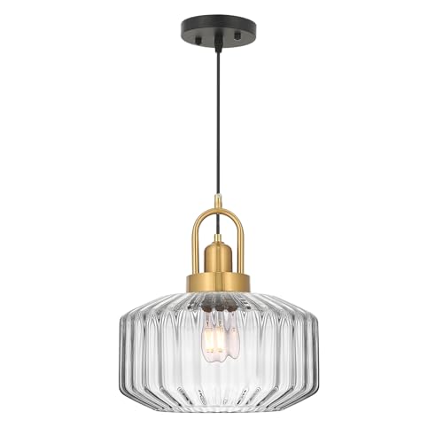 11.8in Mid Century Modern Pendant Light, Gold Large Clear Glass | Vintage Lighting Fixture Ceiling Hanging Lamp for Kitchen Island Foyer Dining Room Bedroom Entryway Hallway Over Sink Table - color: Clear & Gold Hardwire, size: 11.8in