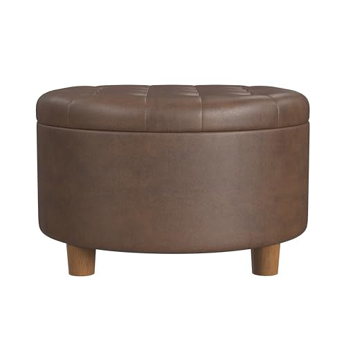 HomePop 28" Button Round Storage Ottoman - Brown Faux Leather - color: Brown Faux Leather