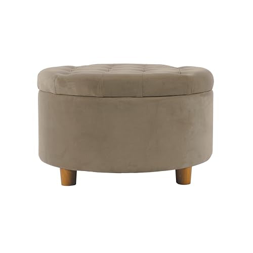 HomePop 28" Button Tufted Velvet Round Storage Ottoman - Fawn Velvet - color: Fawn Velvet