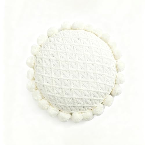 Byitre Bohemian Round Pillow 20 Inch | 100% Cotton Decorative Pillow Hand Tufted with Chunky Textured Poms | Boho Throw Pillow for Bed or Couch | Natural White Throw Pillow - color: Lattice White