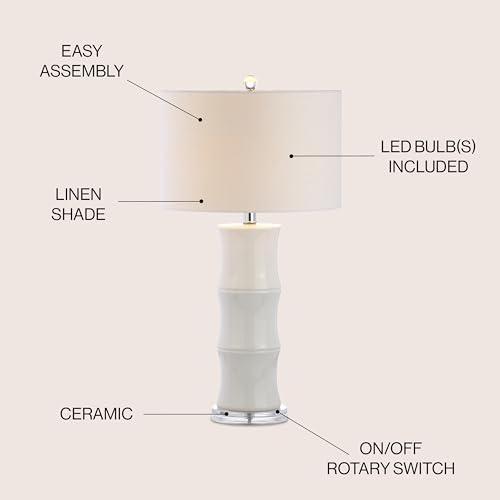 JONATHAN Y 26.5" White Ceramic Table Lamp for Living Room, Bedroom Nightstand, White Linen Drum Shade, Bamboo Design Modern Bedside Desk Lamp with LED Bulb Included (JYL3015C) - color: White
