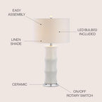 JONATHAN Y 26.5" White Ceramic Table Lamp for Living Room, Bedroom Nightstand, White Linen Drum Shade, Bamboo Design Modern Bedside Desk Lamp with LED Bulb Included (JYL3015C) - color: White