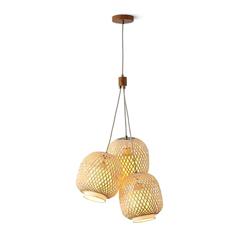 FOS - Modern Bohemian 3-Light Cluster Pendant in Brushed Brass with Woven Bamboo Spherical Shades, 78 in. Cord for Dining Table, Kitchen, Coffee Table, Nursery, Bedroom, Living Room - color: Fos - 3 Light