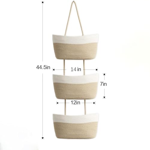 3-Tier Woven Cotton Rope Hanging Basket, Over the Door Organizer, Adjustable Detachable Wall Basket with Metal & Adhesive Hooks, No Drilling for Living Room, Nursery and Boho Bedroom Decor - style: White&Jute