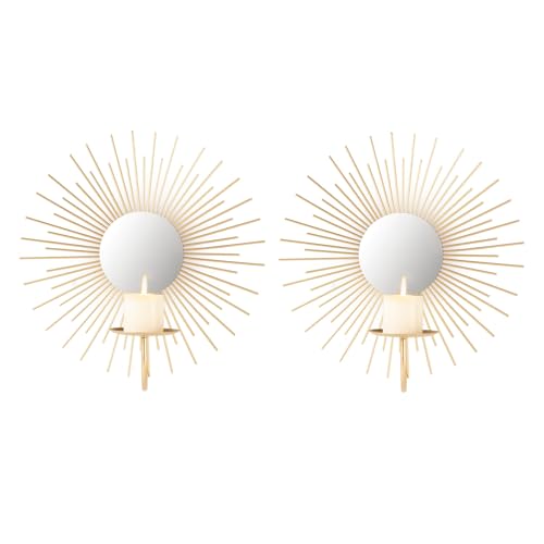 AIM & GGKK Wall Candle Sconce Holder,Set of 2 Mirror Wall Mounted Metal Candle Holder for Home,Living Room, Dining Room,Rustic Farmhouse Boho Decorations - color: Gold Sun