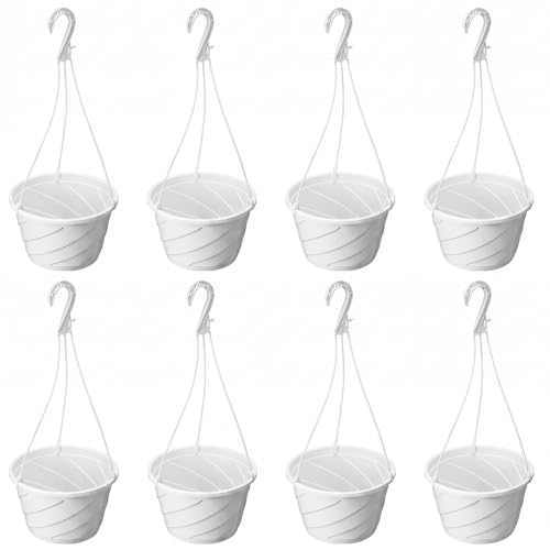 8 Pcs 10 Inch Modern Euro Swirl Hanging Planter Uv-Resistant Plastic Hanging Basket Smart Drainage Lightweight Indoor Outdoor Flower Pots for Garden Porch Balcony Patio Home Decor (White) - color: White