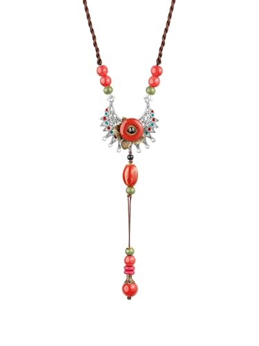 MINACHI Vintage Bohemian Colorful Ceramic Bead Antique Flower Y Necklace, Vintage Boho Hippie Statement Jewelry Gift for Women - color: S02B