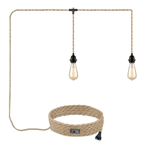 2-Light Plug in Pendant Light Cord 19.68ft Hemp Rope Pendant Lights with Plug in Cord E26 Vintage Hanging Lamp Fixtures DIY for Kitchen Island Dining Room, Bulbs NOT Included - color: 1-Pack 2-Light Hemp Rope Black
